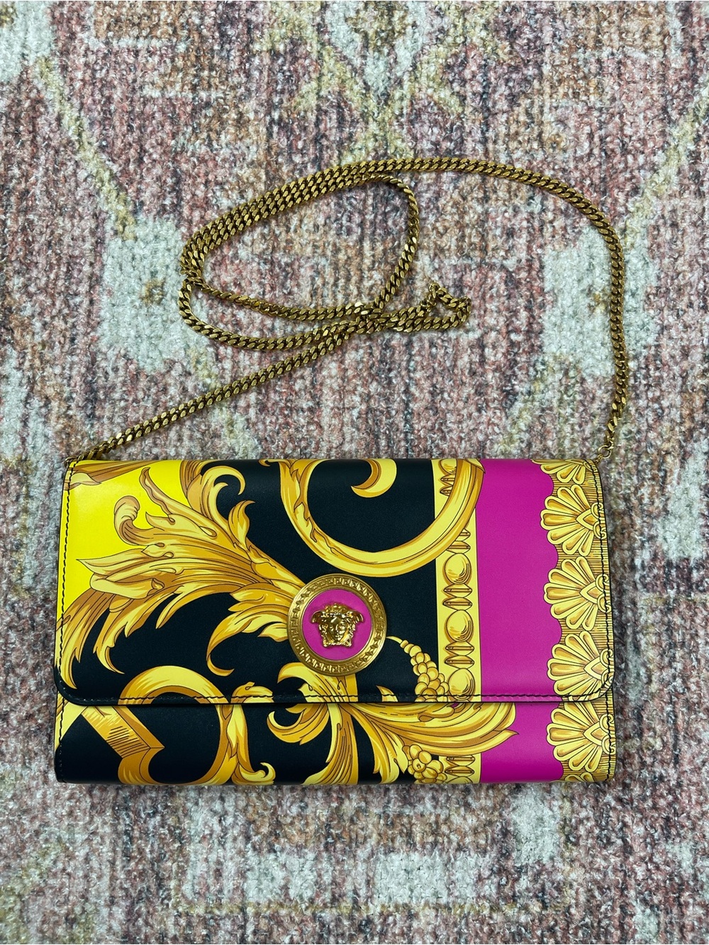 Versace Baroque Medusa Chain Clutch Black Pink Gold Leather Wallet Crossbody
